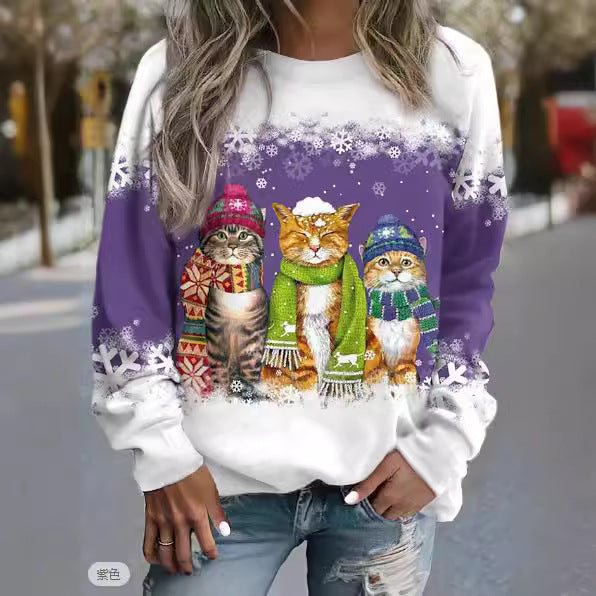 Cat Printed Christmas T-Shirt